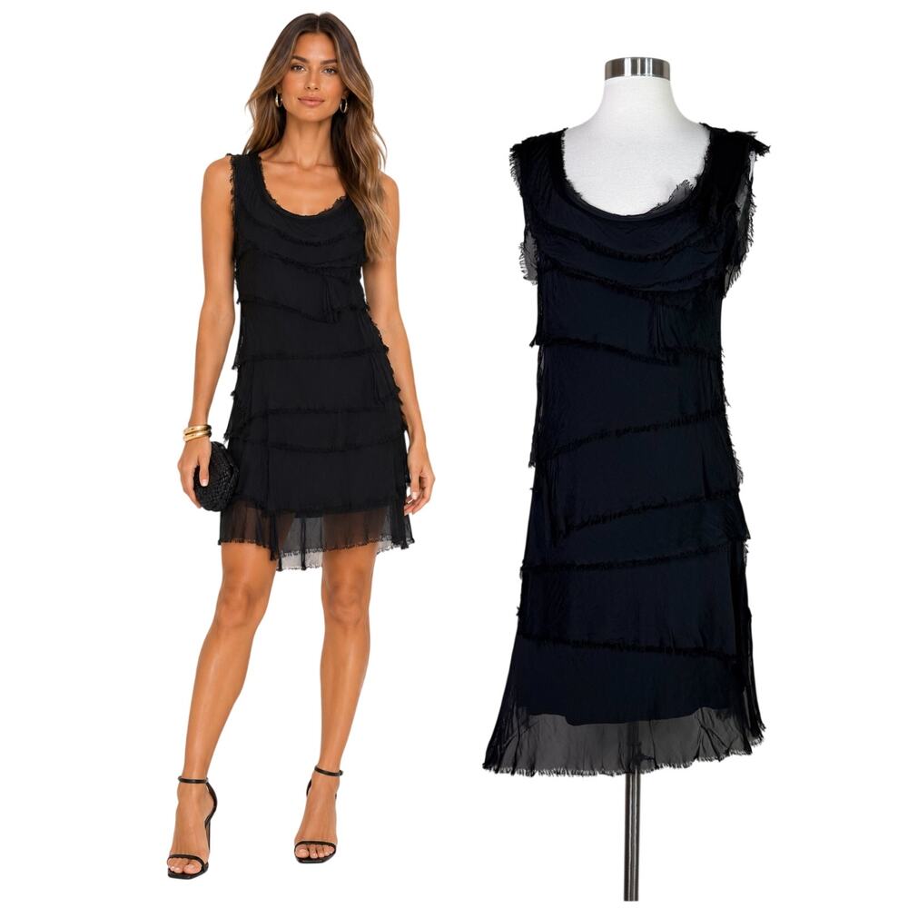 Gigi Moda | Siena Black Silk Ruffle Sleeveless Dress Made in Italy One Size
